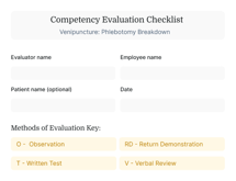 Phlebotomy competency checklist with fields for evaluator and employee details, evaluation criteria, and medbridge branding.