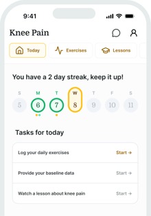 Mobile app showing a knee pain tracker, 2-day streak, highlighted calendar dates, and daily medbridge exercise tasks.