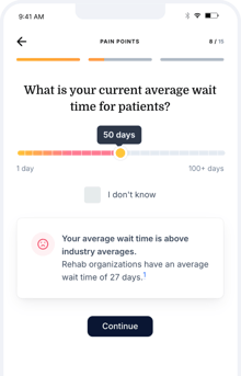 A medbridge survey screen shows a wait time slider at 50 days, noting this is higher than the 27-day industry average.