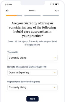 A survey form asks about hybrid care in digital health, listing Telehealth, Remote Therapeutic Monitoring, and Digital Home Exercise.