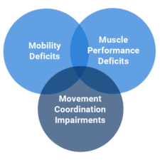 A Venn diagram shows overlapping circles for "Mobility Deficits," "Muscle Performance Deficits," and "Movement Coordination Impairments" connecting to hybrid care in digital health, highlighting medbridge's role.