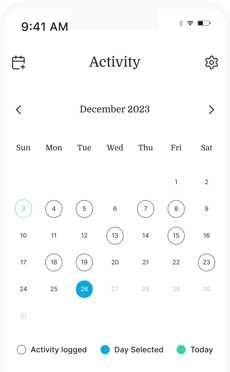 A Medbridge digital calendar shows activities on December 2023, highlighting the 26th.