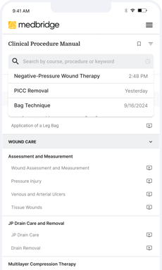Screenshot of Medbridge Clinical Procedure Manual on mobile, showing recent searches for "PICC Removal" and "Bag Technique," with sections on Wound Care and JP Drain Care.