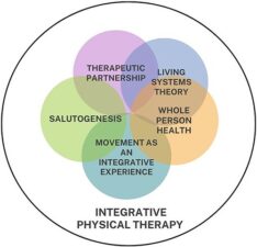Venn diagram with circles for Therapeutic Partnership, Salutogenesis, Movement as an Integrative Experience, Living Systems Theory, and Whole Person Health featured in medbridge.
