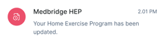 Notification from medbridge HEP at 2:01 PM about an updated home exercise program.