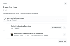 A digital Medbridge onboarding checklist with steps for self-assessment, essentials, and required training.