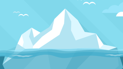 Large iceberg in the ocean with a clear sky, clouds, and birds above.