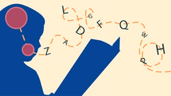 Silhouette of a person reading with letters and arrows, symbolizing learning, for medbridge.