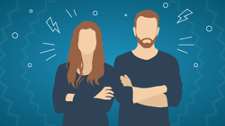 Medbridge illustration of a confident couple surrounded by dynamic symbols on a zigzag background.