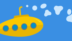Yellow submarine with round windows emits blue paw-print bubbles on a blue background.