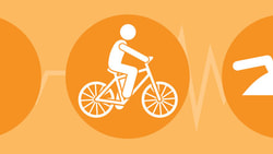 Icons of a person walking, cycling, and swimming on orange backgrounds with heartbeat lines, related to medbridge.