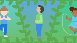 Illustrated figures in yoga, meditation, and jump roping poses with a green leafy border on a blue-green background for medbridge.