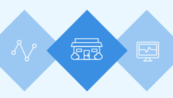 Three diamond shapes—left with a line graph, center in darker blue with a storefront icon, right with a computer monitor and graph.