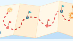 Illustration of a folded map with a red path from a compass to an orange flag, featuring interim path markers.