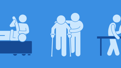 Illustration of simplified figures doing rehabilitation exercises on a blue background for medbridge.