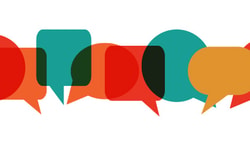 Colorful overlapping speech bubbles representing multilingual communication in speech-language pathology.