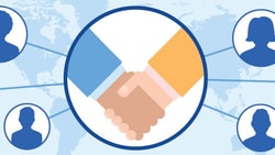 Handshake illustration with six connected silhouetted figures on a world map, symbolizing Medbridge collaboration.