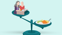 Balance scale illustration with diners on one side and food on the other, against a blue background for medbridge.
