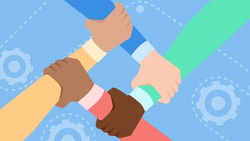Four cartoon hands of diverse skin tones form a square on a blue background with gear icons, representing medbridge services.