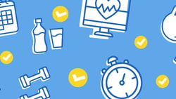 Icons of fitness items and a calendar against a blue background with yellow check marks, representing Medbridge.