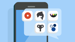 Illustrated smartphone showing a speech bubble with five abstract app icons on a blue background.