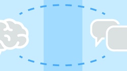 Brain illustration linked to speech bubbles on a blue striped background in medbridge style.