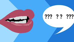 Illustration of red lips speaking with a question-mark speech bubble on a blue background.