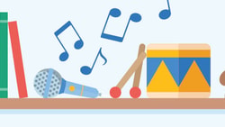A shelf displaying colorful books, a microphone, musical notes, a drum with sticks, and a teddy bear is shown on medbridge.