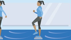 Illustration of step aerobics exercises on a blue platform, featuring knee lifts, steps, and leg curls with a mirrored background.