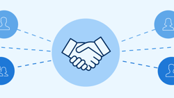 Illustration of a handshake icon linked to silhouettes of people, symbolizing networking, similar to Medbridge.