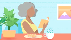 Illustration of a person reading at a table with plants, lemon slices, and a steaming cup, under a mountain picture on the wall.