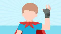 Illustration of a superhero with short hair and a blue and red costume, set against a blue radial background.