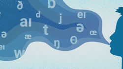 Silhouette of a person speaking letters and symbols on a blue background.