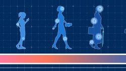 Silhouettes from child to elder with joint pain highlighted, along with a gradient bar and clock, are depicted.
