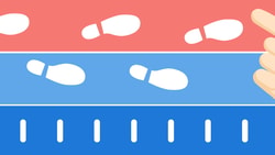 Illustration of a stopwatch in hand with footprints and a measuring scale, symbolizing speed or progress on red, white, and blue backgrounds for medbridge.