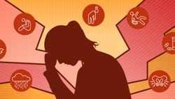 Silhouette of a person with stress symbols on a warm geometric background, representing weather, lightning, posture, pills, and pests for medbridge.