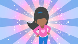 Illustration of a ponytailed girl in a pink shirt, hands on hips, against a dot-filled starburst background.