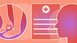 Illustration of foot pain, a medical chart with a cross, and a head profile on orange for medbridge.