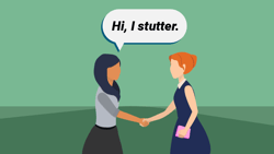 Two women shake hands with one saying she's a stutterer; Medbridge logo is visible.