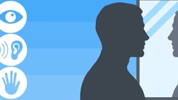 Silhouette of a person facing a mirror with sensory icons, set against a blue background on Medbridge.