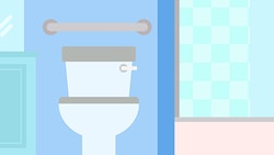 Bathroom illustration with a toilet, pale blue cabinets, safety rail, and checkered window.