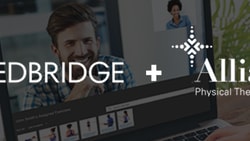 MedBridge and Alliance Physical Therapy Partners logos displayed over a video call on a laptop screen.