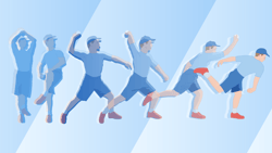 Medbridge illustration of a baseball player in blue pitching, highlighting the throwing stages.