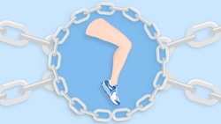 Leg in a sneaker encircled by chains on blue, symbolizing Medbridge.