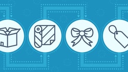 A sequence of four icons (open box, rolled fabric, bow, price tag) connected by arrows on a blue background for medbridge.