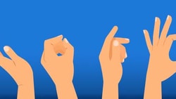 Four cartoon hands making gestures on a blue Medbridge background.