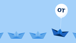 A white balloon labeled "OT" lifts a darker paper boat above three others, symbolizing it standing out.