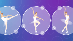 Three ballet dancers posed in dotted circles on a blue-purple gradient background with bubbles.