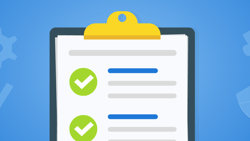 Illustration of a clipboard with checklists and icons like gear, puzzle, shield, and a check mark on blue background related to medbridge.