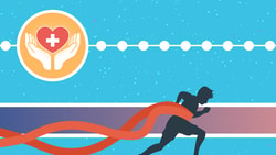 A runner's silhouette crosses the finish line with icons of a pink ribbon, healthcare, and a target above; a gradient bar for progress is featured—Medbridge.